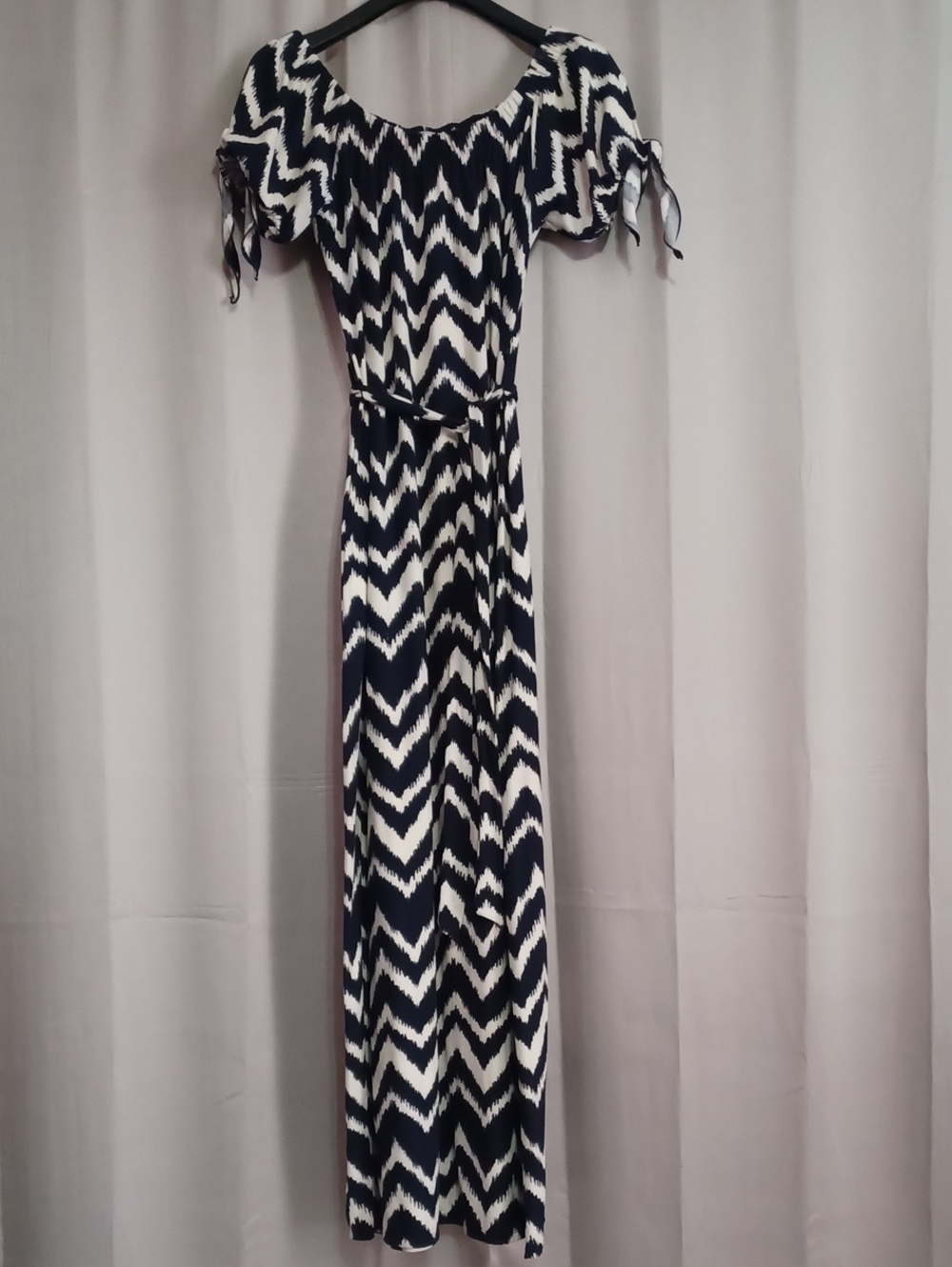 Allison Brittney Chevron Maxi Dress Elastic Off Shoulder Neck Tie Waist Stretch - Picture 1 of 14